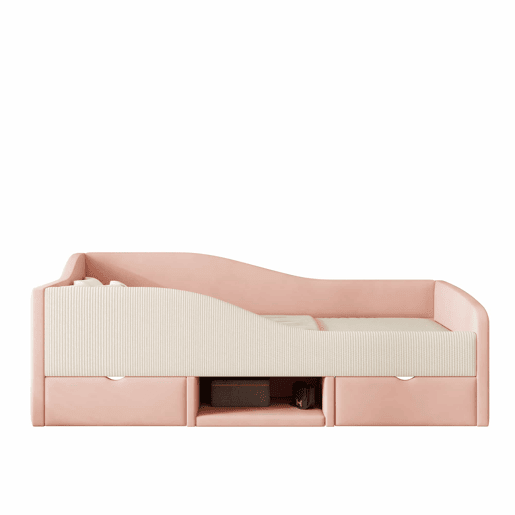 Cama multifuncional 90x190 cm - Com 2 gavetas e barreiras - Tecido de veludo - Rosa + Creme