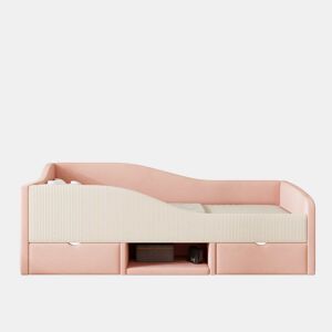 Cama multifuncional 90x190 cm - Com 2 gavetas e barreiras - Tecido de veludo - Rosa + Creme