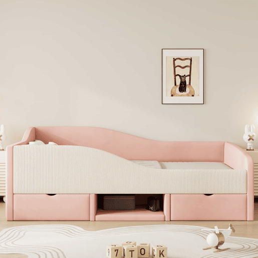 Cama multifuncional 90x190 cm - Com 2 gavetas e barreiras - Tecido de veludo - Rosa + Creme
