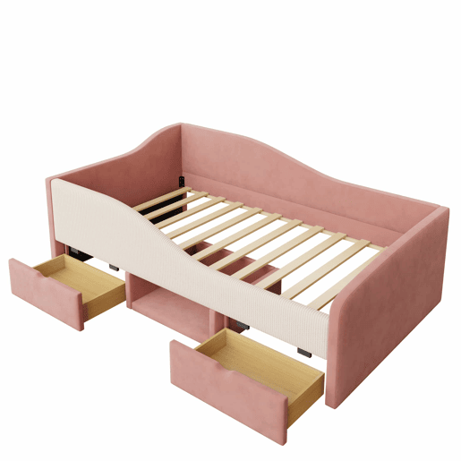 Cama multifuncional 90x190 cm - Com 2 gavetas e barreiras - Tecido de veludo - Rosa + Creme
