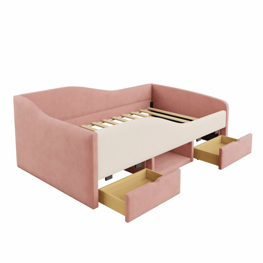 Cama multifuncional 90x190 cm - Com 2 gavetas e barreiras - Tecido de veludo - Rosa + Creme