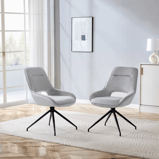 Cadeira de sala de jantar 2 unidades - giratória 360° em veludo cinza claro - pernas metálicas pretas Cadeira de sala de jantar 2 unidades - giratória 360° em veludo cinza claro - pernas metálicas pretas