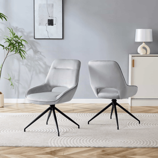 Cadeira de sala de jantar 2 unidades - giratória 360° em veludo cinza claro - pernas metálicas pretas Cadeira de sala de jantar 2 unidades - giratória 360° em veludo cinza claro - pernas metálicas pretas