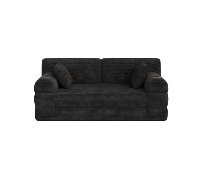 Sofá cama 2 plazas - respaldo alto, estructura metálica, espuma de alta densidad, 2 portavasos y bolsillos laterales - negro