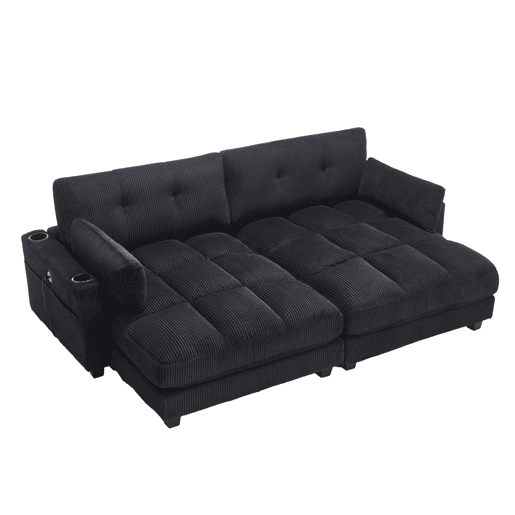 Sofá de 2 lugares - modular com 2 almofadas, 4 porta-copos, bolsos laterais e portas USB - preto