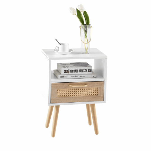 Mesa auxiliar 55 x 40 x 30 cm u2013 com gaveta e pés em madeira maciça, moderna para a sala de estar e o quarto u2013 branca e natural Mesa auxiliar 55 x 40 x 30 cm u2013 com gaveta e pés em madeira maciça, moderna para a sala de estar e o quarto u2013 branca e natural