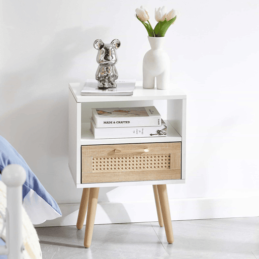 Mesa auxiliar 55 x 40 x 30 cm u2013 com gaveta e pés em madeira maciça, moderna para a sala de estar e o quarto u2013 branca e natural Mesa auxiliar 55 x 40 x 30 cm u2013 com gaveta e pés em madeira maciça, moderna para a sala de estar e o quarto u2013 branca e natural