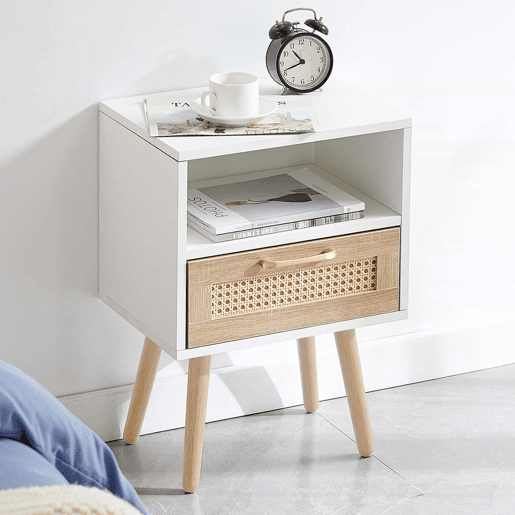 Mesa auxiliar 55 x 40 x 30 cm u2013 com gaveta e pés em madeira maciça, moderna para a sala de estar e o quarto u2013 branca e natural Mesa auxiliar 55 x 40 x 30 cm u2013 com gaveta e pés em madeira maciça, moderna para a sala de estar e o quarto u2013 branca e natural
