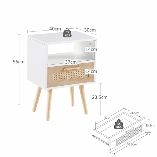 Mesa auxiliar 55 x 40 x 30 cm u2013 com gaveta e pés em madeira maciça, moderna para a sala de estar e o quarto u2013 branca e natural Mesa auxiliar 55 x 40 x 30 cm u2013 com gaveta e pés em madeira maciça, moderna para a sala de estar e o quarto u2013 branca e natural