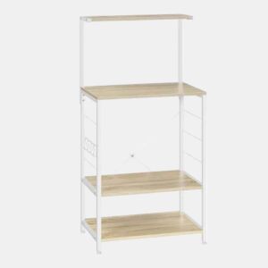 Estante de cozinha 60x40x123 cm u2014 com suporte para micro-ondas, organizador de arrumação e suporte para plantas u2014 branco e carvalho claro