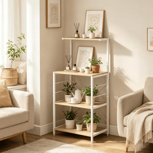 Estante de cozinha 60x40x123 cm u2014 com suporte para micro-ondas, organizador de arrumação e suporte para plantas u2014 branco e carvalho claro Estante de cozinha 60x40x123 cm u2014 com suporte para micro-ondas, organizador de arrumação e suporte para plantas u2014 branco e carvalho claro