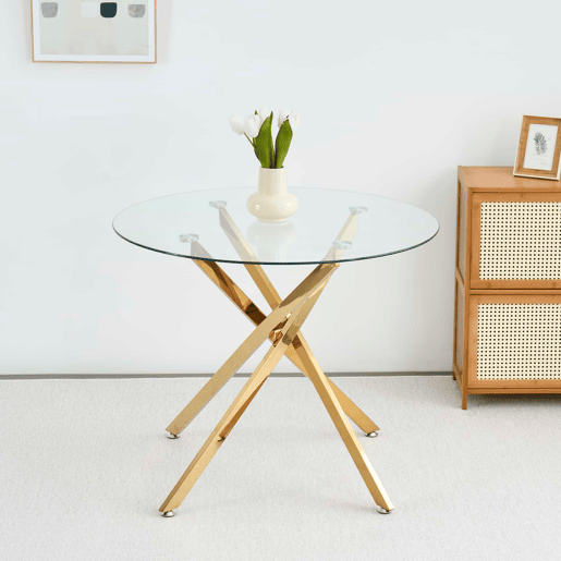 Mesa de jantar 80x80x76 cm - Vidro temperado, estilo minimalista moderno - Dourado Mesa de jantar 80x80x76 cm - Vidro temperado, estilo minimalista moderno - Dourado