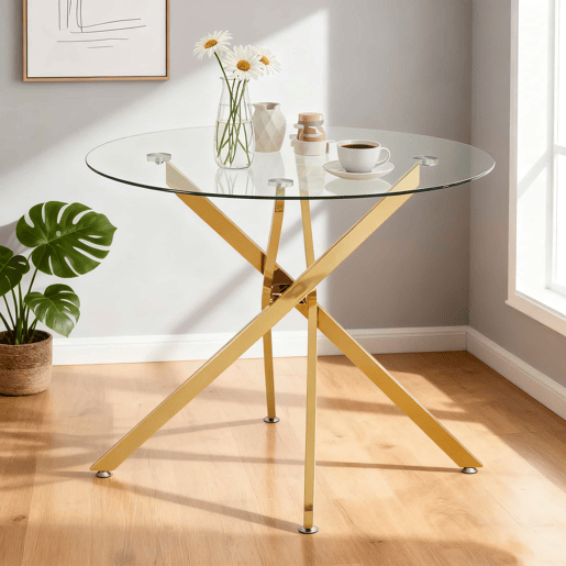 Mesa de jantar 80x80x76 cm - Vidro temperado, estilo minimalista moderno - Dourado Mesa de jantar 80x80x76 cm - Vidro temperado, estilo minimalista moderno - Dourado