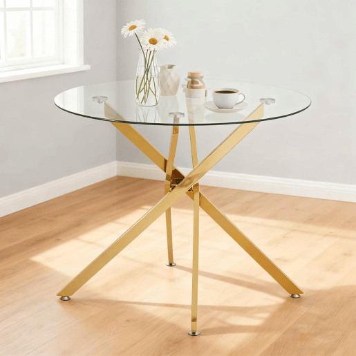Mesa de jantar 80x80x76 cm - Vidro temperado, estilo minimalista moderno - Dourado Mesa de jantar 80x80x76 cm - Vidro temperado, estilo minimalista moderno - Dourado
