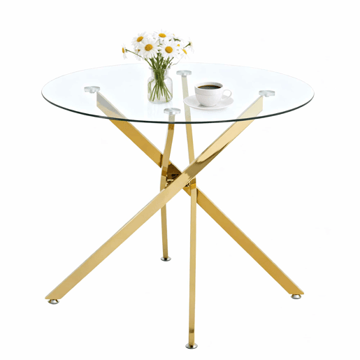 Mesa de jantar 80x80x76 cm - Vidro temperado, estilo minimalista moderno - Dourado Mesa de jantar 80x80x76 cm - Vidro temperado, estilo minimalista moderno - Dourado