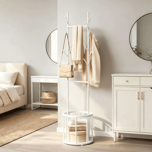 Cabo de roupa de pé 41x41x175 cm - Design em forma de árvore com cesto de arrumação, cabo de roupa independente - Branco
