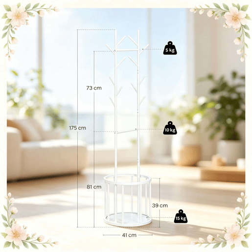 Cabo de roupa de pé 41x41x175 cm - Design em forma de árvore com cesto de arrumação, cabo de roupa independente - Branco