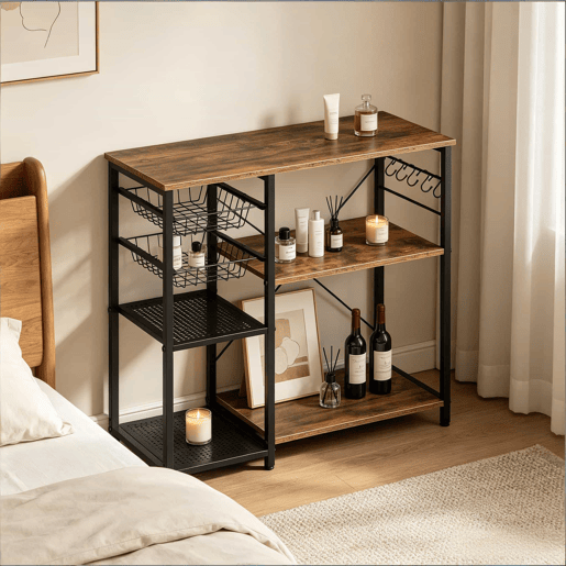 Estante de cozinha 40x90x82 cm - com arrumação aberta, suporte para micro-ondas e máquina de café, estilo moderno - Preto + Castanho Estante de cozinha 40x90x82 cm - com arrumação aberta, suporte para micro-ondas e máquina de café, estilo moderno - Preto + Castanho