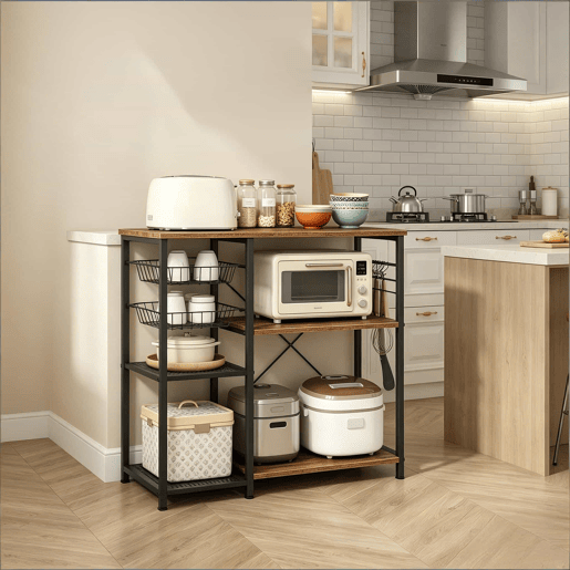 Estante de cozinha 40x90x82 cm - com arrumação aberta, suporte para micro-ondas e máquina de café, estilo moderno - Preto + Castanho Estante de cozinha 40x90x82 cm - com arrumação aberta, suporte para micro-ondas e máquina de café, estilo moderno - Preto + Castanho