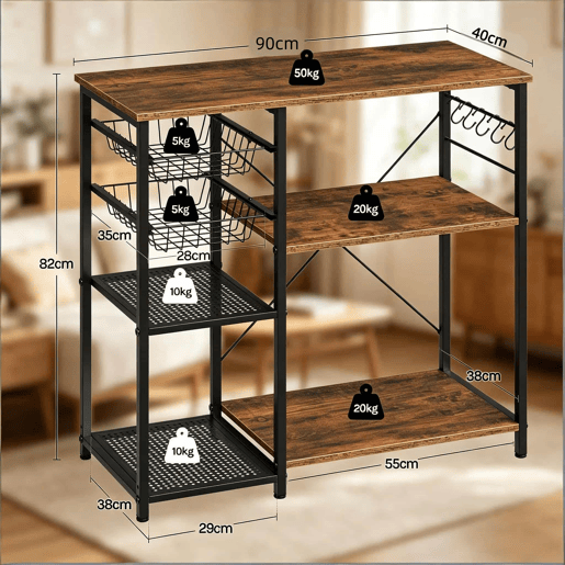 Estante de cozinha 40x90x82 cm - com arrumação aberta, suporte para micro-ondas e máquina de café, estilo moderno - Preto + Castanho Estante de cozinha 40x90x82 cm - com arrumação aberta, suporte para micro-ondas e máquina de café, estilo moderno - Preto + Castanho