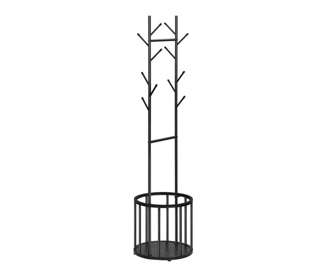 Perchero de pie 41x41x175 cm - diseño en forma de árbol con cesta de almacenamiento - negro