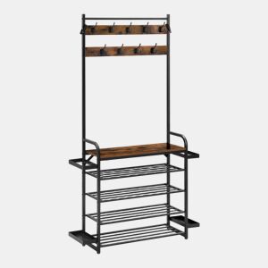 Cabideiro com prateleiras - Design aberto e elegante para a entrada - Preto e castanho rústico