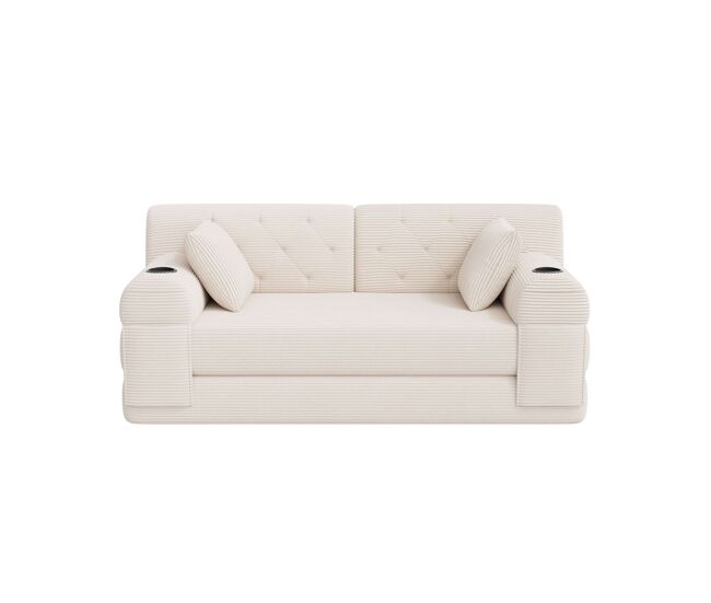 Sofá cama 2 plazas - respaldo alto, sofá de pana comprimida con estructura metálica, espuma de alta densidad, portavasos y bolsillos laterales - beige
