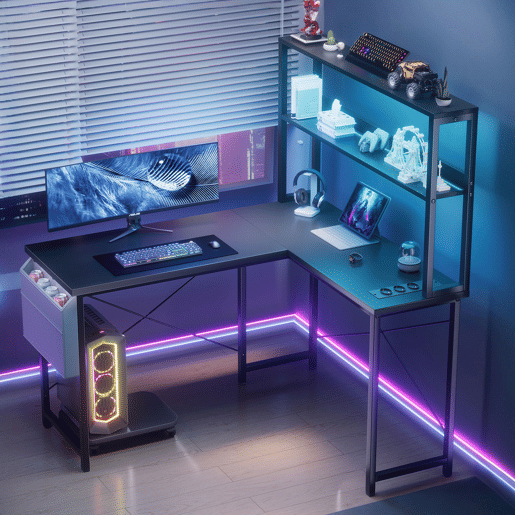 Mesa de Escritório em L com LED Tomadas e Prateleiras Escritório Gaming Mesa de Escritório em L com LED Tomadas e Prateleiras Escritório Gaming