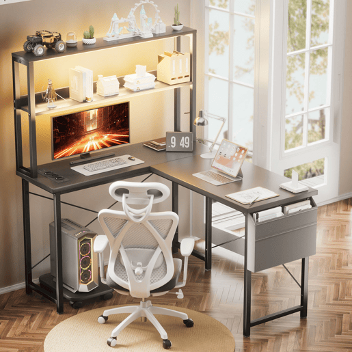 Mesa de Escritório em L com LED Tomadas e Prateleiras Escritório Gaming Mesa de Escritório em L com LED Tomadas e Prateleiras Escritório Gaming