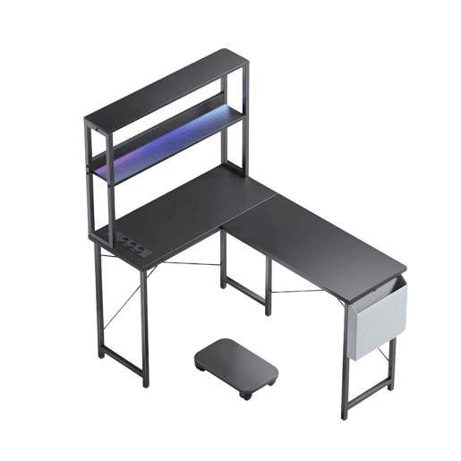 Mesa de Escritório em L com LED Tomadas e Prateleiras Escritório Gaming Mesa de Escritório em L com LED Tomadas e Prateleiras Escritório Gaming