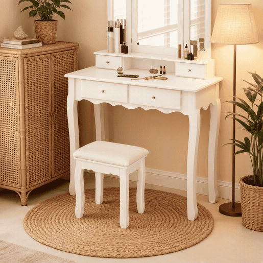 Banco de maquilhagem 38 x 28,5 x 45 cm - Estofado para quarto e maquilhagem - Branco
