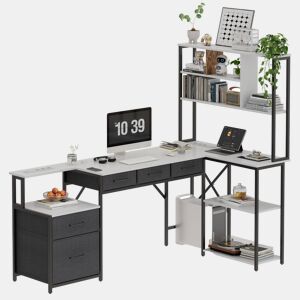 Secretária de Canto em Forma de L Industrial com Estante de Livros Gavetas e Tomadas Incorporadas Mesa de Computador Escritório Cinza e Preto