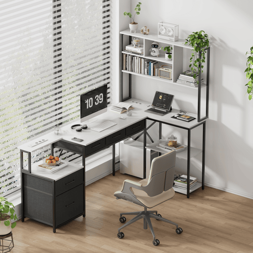 Secretária de Canto em Forma de L Industrial com Estante de Livros Gavetas e Tomadas Incorporadas Mesa de Computador Escritório Cinza e Preto Secretária de Canto em Forma de L Industrial com Estante de Livros Gavetas e Tomadas Incorporadas Mesa de Computador Escritório Cinza e Preto