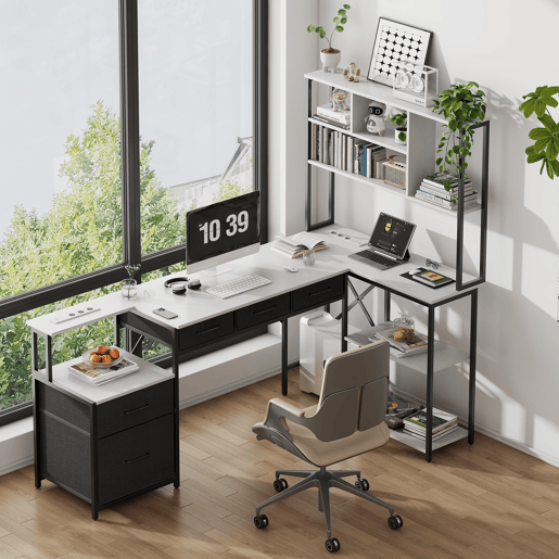 Secretária de Canto em Forma de L Industrial com Estante de Livros Gavetas e Tomadas Incorporadas Mesa de Computador Escritório Cinza e Preto Secretária de Canto em Forma de L Industrial com Estante de Livros Gavetas e Tomadas Incorporadas Mesa de Computador Escritório Cinza e Preto