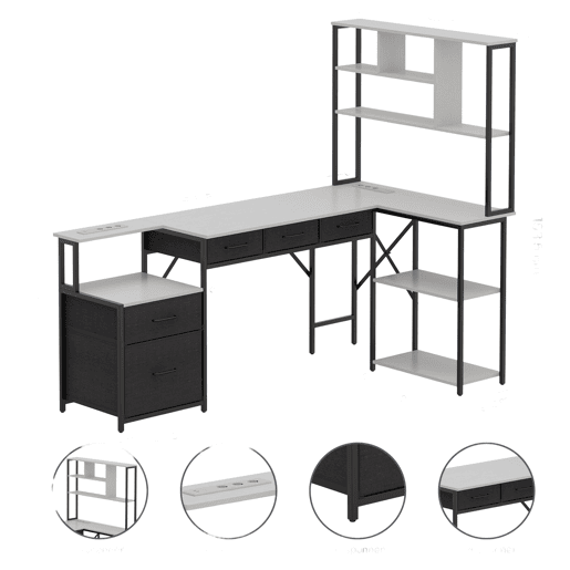 Secretária de Canto em Forma de L Industrial com Estante de Livros Gavetas e Tomadas Incorporadas Mesa de Computador Escritório Cinza e Preto Secretária de Canto em Forma de L Industrial com Estante de Livros Gavetas e Tomadas Incorporadas Mesa de Computador Escritório Cinza e Preto