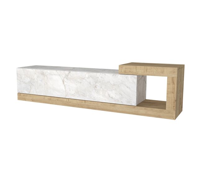 Mueble TV suspendido de 150 cm, acabado efecto mármol blanco, mueble de salón moderno de pared con almacenaje
