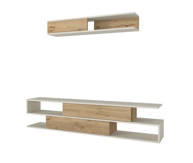 Mueble TV Manyetik Sepet con módulo mural, conjunto de salón moderno en blanco y roble, con 2 cajones y estantes abiertos