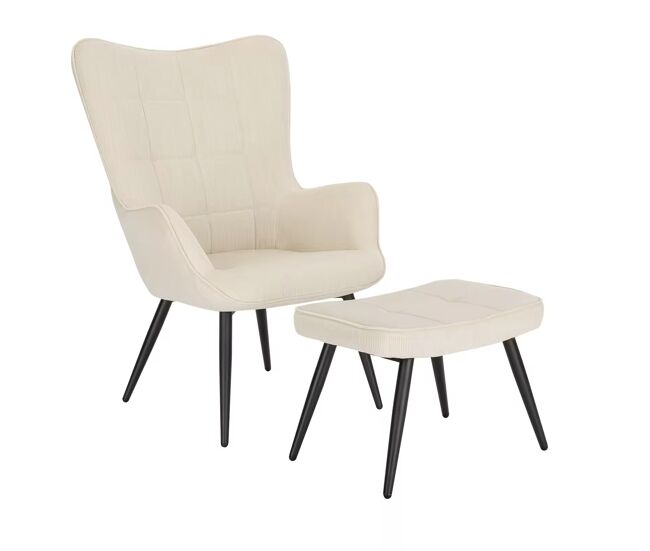 Sillón con reposapiés - diseño cómodo y elegante para tv, conjunto de butaca y otomana - blanco crema
