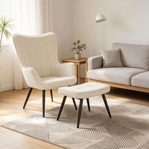 Poltrona com apoio para os pés - Design confortável e elegante para ver televisão, conjunto de poltrona e otomana - Branco creme Poltrona com apoio para os pés - Design confortável e elegante para ver televisão, conjunto de poltrona e otomana - Branco creme