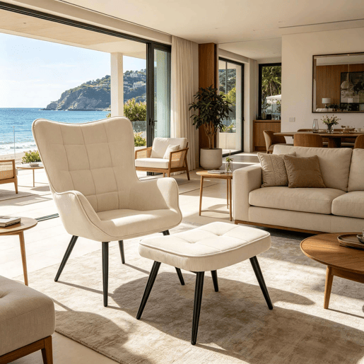 Poltrona com apoio para os pés - Design confortável e elegante para ver televisão, conjunto de poltrona e otomana - Branco creme Poltrona com apoio para os pés - Design confortável e elegante para ver televisão, conjunto de poltrona e otomana - Branco creme