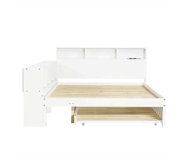 Cama funcional 120x200 cm con cama extraíble 90x190 cm - almacenaje lateral, estante en cabecero y estación de carga - blanco
