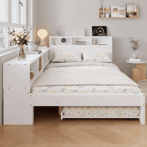 Cama funcional 120 x 200 cm com cama extraível 90 x 190 cm u2014 arrumação lateral, prateleira na cabeceira e estação de carregamento u2014 branco