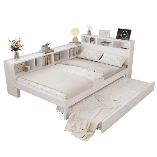 Cama funcional 120 x 200 cm com cama extraível 90 x 190 cm u2014 arrumação lateral, prateleira na cabeceira e estação de carregamento u2014 branco