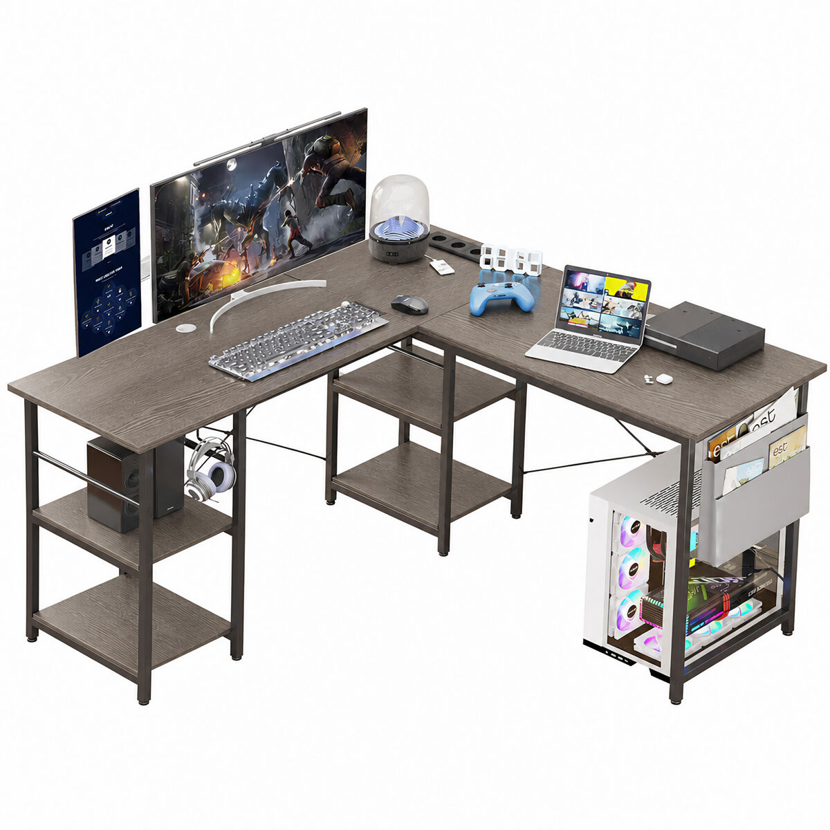 Mesa de Escritorio en L con Enchufes y Estantes para Ordenador