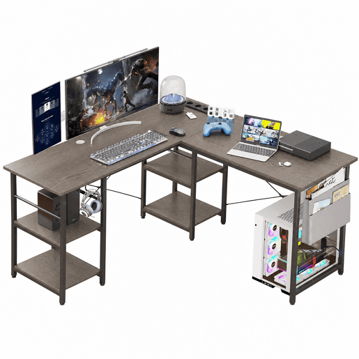 Mesa de Escritório em L Estilo Industrial com 3 Tomadas AC 2 USB Prateleiras Reversíveis Sacos de Armazenamento para Casa e Escritório