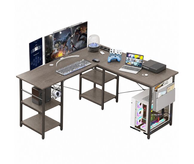 Mesa de escritorio en l estilo industrial con 3 enchufes ac 2 usb estantes reversibles bolsa de almacenamiento para casa y oficina