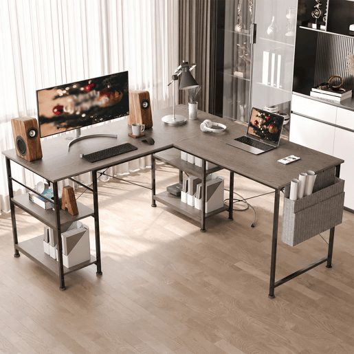 Mesa de Escritório em L Estilo Industrial com 3 Tomadas AC 2 USB Prateleiras Reversíveis Sacos de Armazenamento para Casa e Escritório