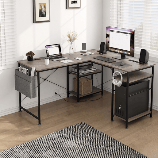 Mesa de Escritório em L Estilo Industrial com 3 Tomadas AC 2 USB Prateleiras Reversíveis Sacos de Armazenamento para Casa e Escritório