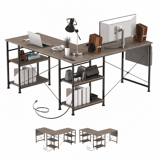Mesa de Escritório em L Estilo Industrial com 3 Tomadas AC 2 USB Prateleiras Reversíveis Sacos de Armazenamento para Casa e Escritório