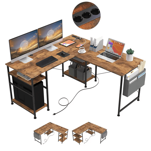 Secretária em L Industrial Madeira Vintage 140x140x74cm com Tomadas USB, Prateleiras, Saco de Armazenamento e Gancho